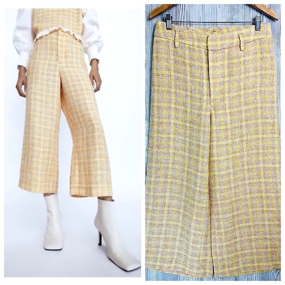 Zara Pants - ZARA TWEED TROUSER Cropped Pants Wide Leg Culottes Large Womens Knit Yellow